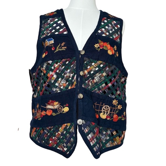 Cascade Blues Jackets & Blazers - Vintage Cascade Blues Womens M Navy Corduroy Embroidered Fall‎ Farmhouse Vest